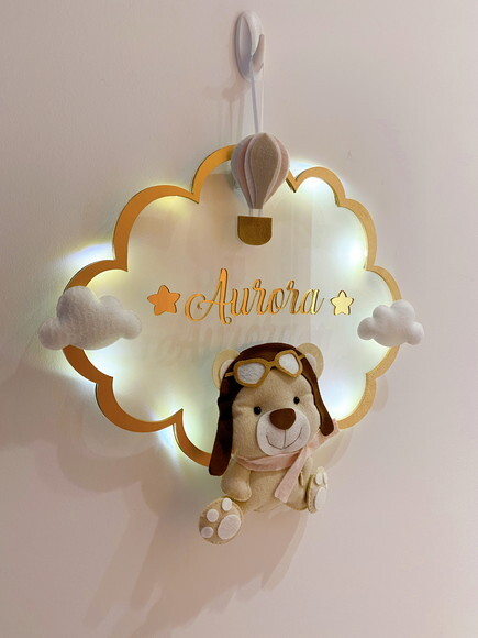 Porta Maternidade Ursinha Aviadora Led Acrílico e Espelho