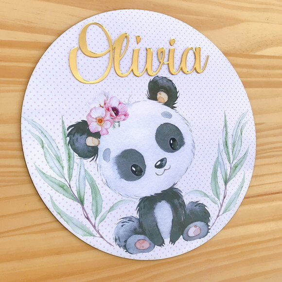 Porta Maternidade Ursinha Panda Nome Espelhado mdf