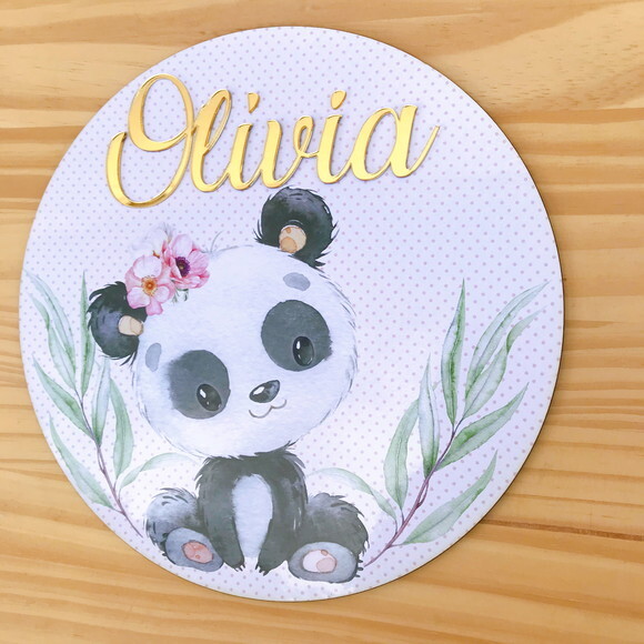 Porta Maternidade Ursinha Panda Nome Espelhado mdf