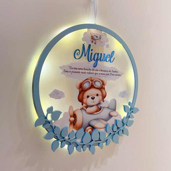 Porta Maternidade Ursinho Aviador Acrílico e Espelho Led