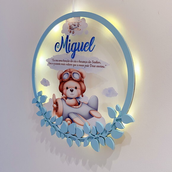 Porta Maternidade Ursinho Aviador Acrílico e Espelho Led