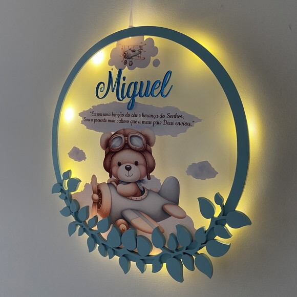 Porta Maternidade Ursinho Aviador Acrílico e Espelho Led