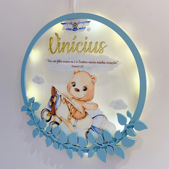 Porta Maternidade Ursinho Aviador Acrílico e Espelho Led