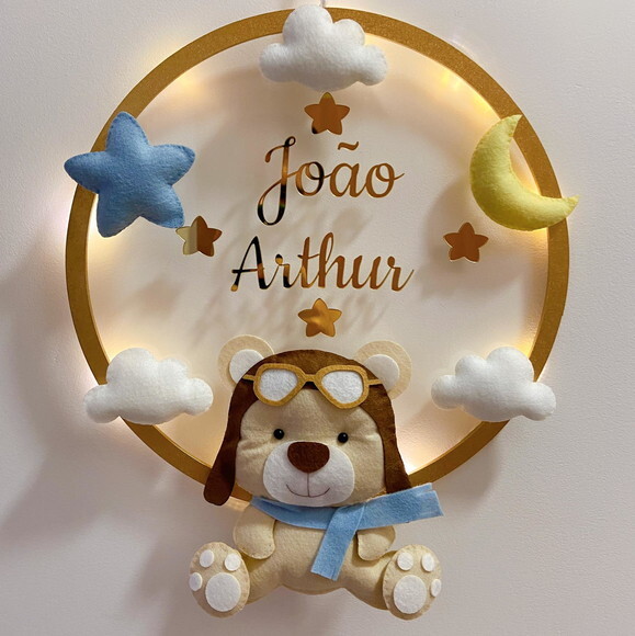 Porta Maternidade Ursinho Aviador Led Acrílico e Espelho