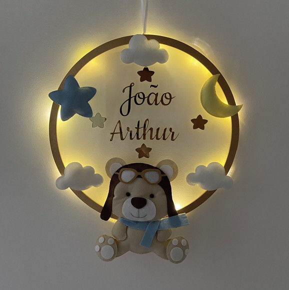 Porta Maternidade Ursinho Aviador Led Acrílico e Espelho