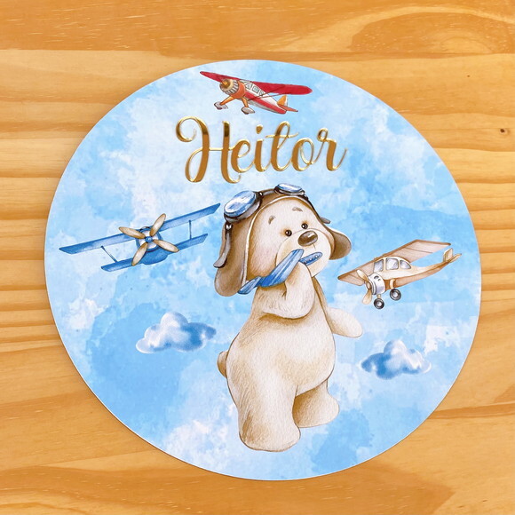 Porta Maternidade Ursinho Aviador MDF Nome Espelho