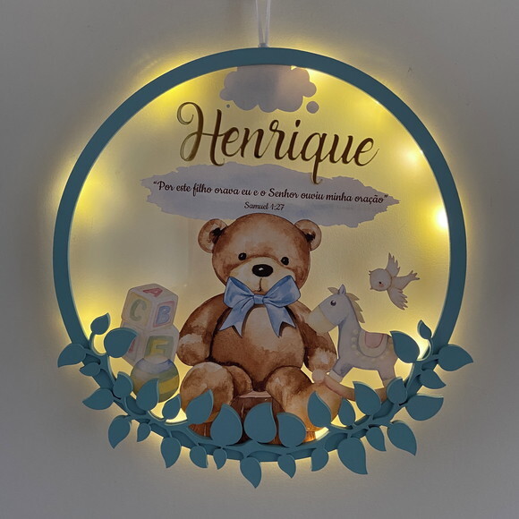 Porta Maternidade Ursinho Versículo Acrílico e Espelho Led