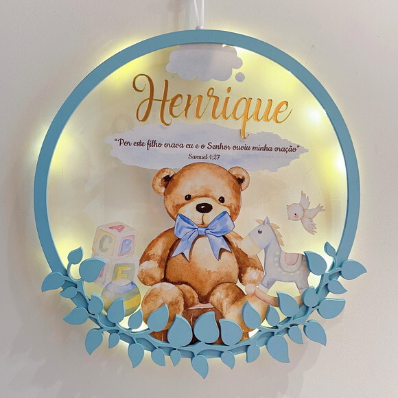 Porta Maternidade Ursinho Versículo Acrílico e Espelho Led