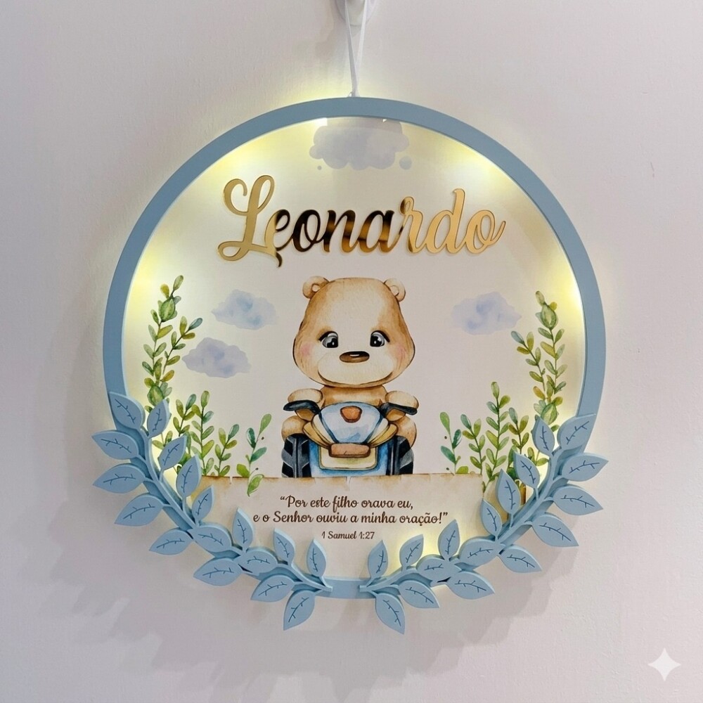 Porta Maternidade Ursinho Versículo Acrílico e Espelho Led