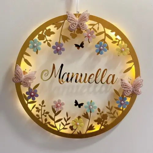 Porta Maternidade Led Borboletas Acrílico e Espelho