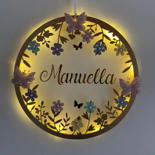 Porta Maternidade Led Borboletas Acrílico e Espelho