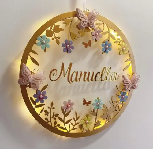 Porta Maternidade Led Borboletas Acrílico e Espelho