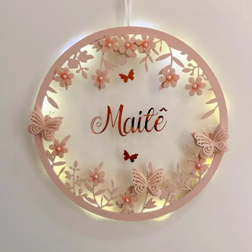 Porta Maternidade Led Borboletas Acrílico Espelho Rosa