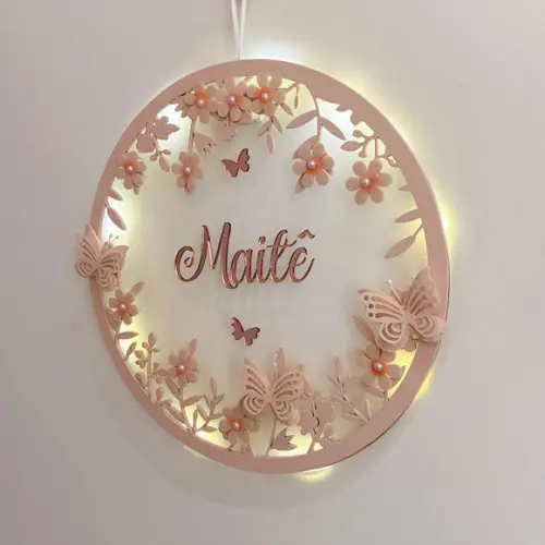 Porta Maternidade Led Borboletas Acrílico Espelho Rosa