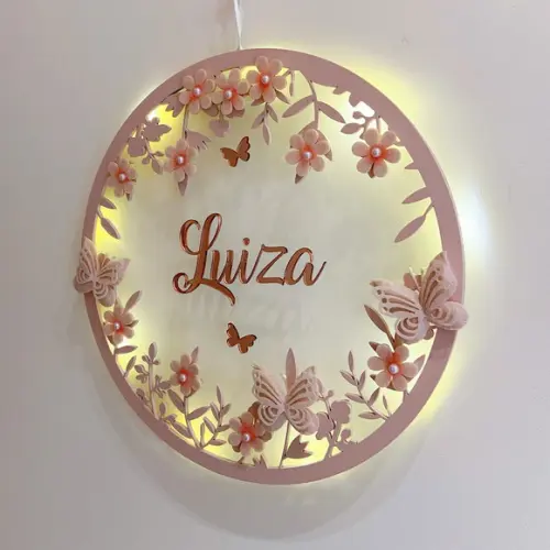 Porta Maternidade Led Borboletas Acrílico Espelho Rosa