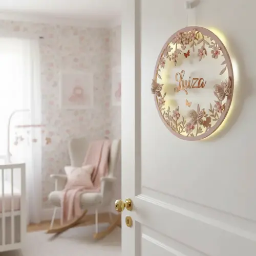 Porta Maternidade Led Borboletas Acrílico Espelho Rosa