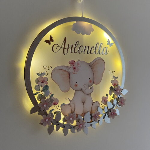 Enfeite Porta Maternidade Elefantinha Acrílico e Espelho Led