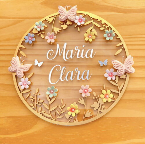 Enfeite Porta Maternidade Floral Acrílico e Espelho
