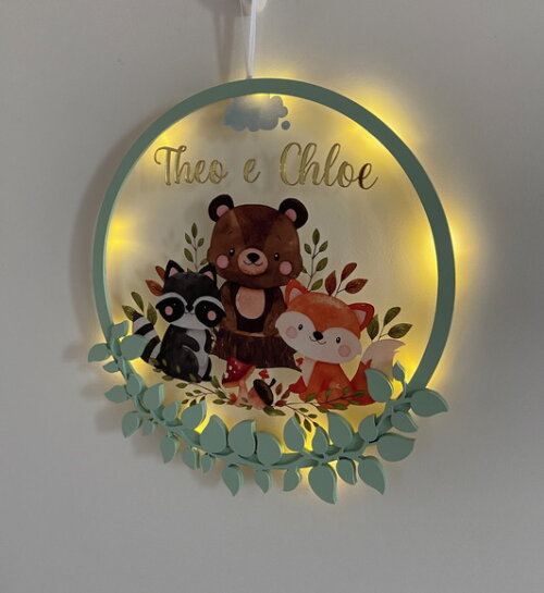 Enfeite Porta Maternidade Floresta Acrílico e Espelho Led