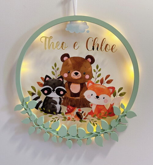 Enfeite Porta Maternidade Floresta Acrílico e Espelho Led