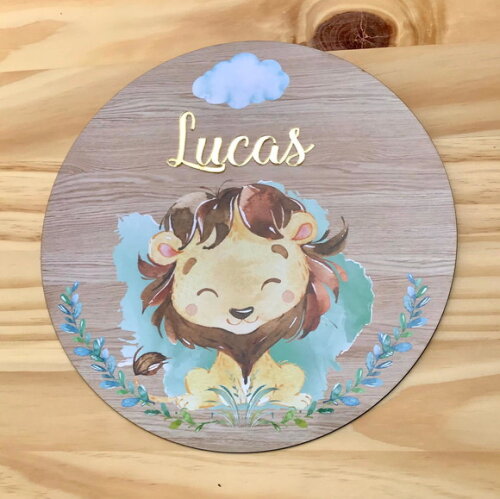 Placa Enfeite Porta Maternidade Leão MDF Nome Espelhado