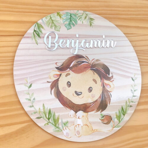 Placa Enfeite Porta Maternidade Leão MDF Nome Espelhado