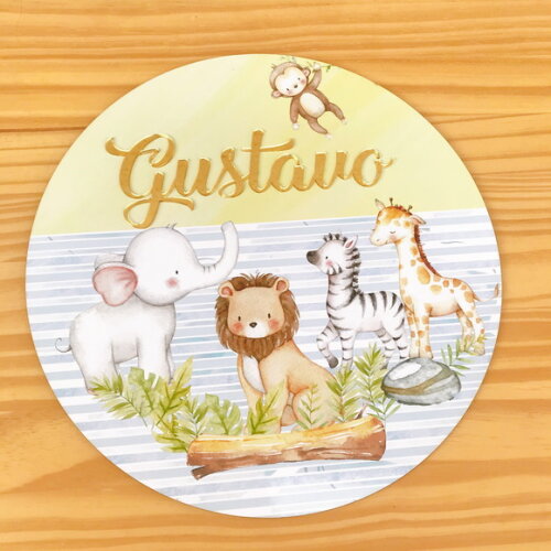 Placa Enfeite Porta Maternidade Safari MDF Nome Espelhado