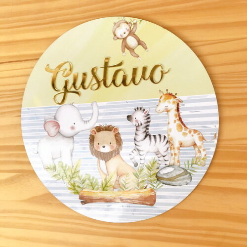Placa Enfeite Porta Maternidade Safari MDF Nome Espelhado