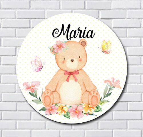 Placa Enfeite Porta Maternidade Ursinha MDF Nome Espelho