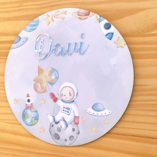Placa Porta Maternidade Astronauta MDF Nome Espelhado
