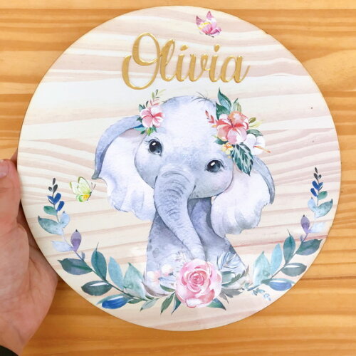 Placa Porta Maternidade Elefantinha MDF Nome Espelhado