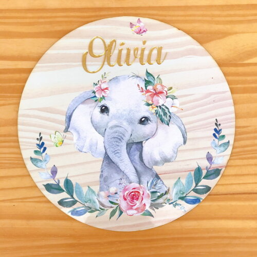 Placa Porta Maternidade Elefantinha MDF Nome Espelhado