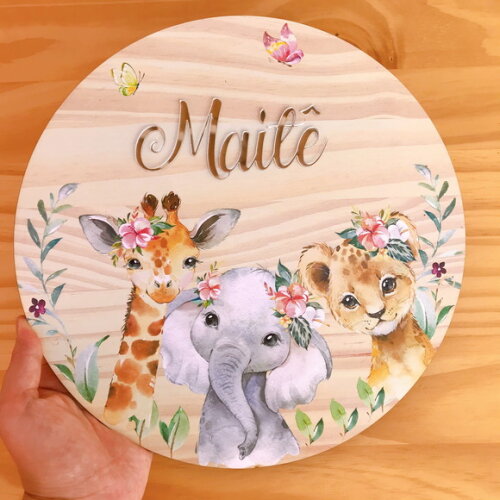 Placa Porta Maternidade Safari Menina MDF Nome Espelho