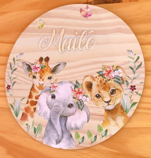 Placa Porta Maternidade Safari Menina MDF Nome Espelho