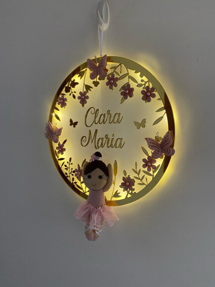 Porta Maternidade Bailarina Led Nome e Moldura no Espelho