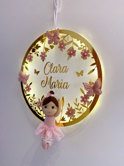 Porta Maternidade Bailarina Led Nome e Moldura no Espelho