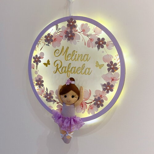 Porta Maternidade Bailarina Lilás Led Acrílico e Espelho