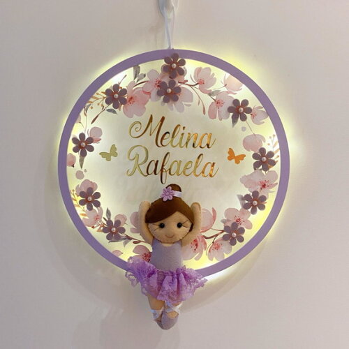 Porta Maternidade Bailarina Lilás Led Acrílico e Espelho