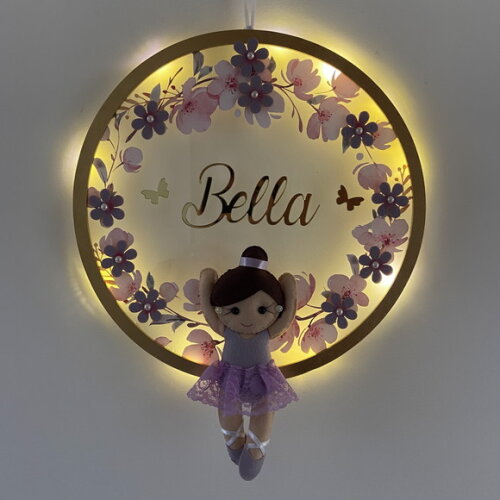 Porta Maternidade Bailarina Lilás Led Acrílico e Espelho
