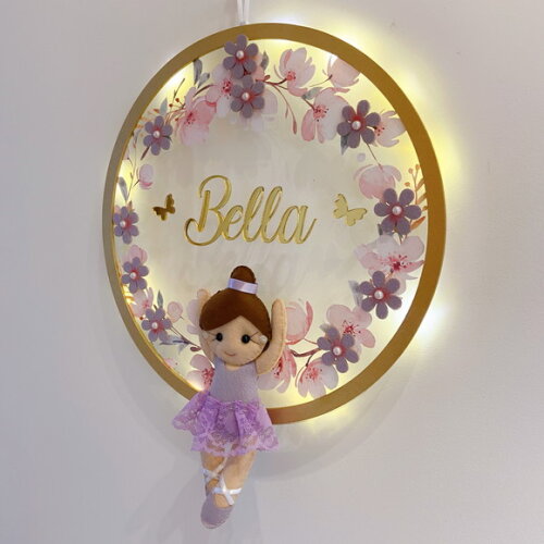 Porta Maternidade Bailarina Lilás Led Acrílico e Espelho