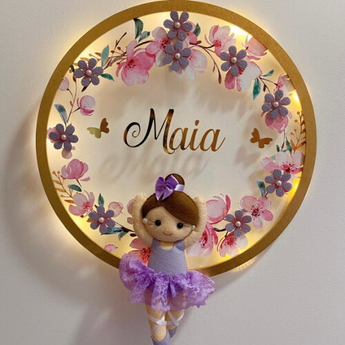 Porta Maternidade Bailarina Lilás Led Acrílico e Espelho