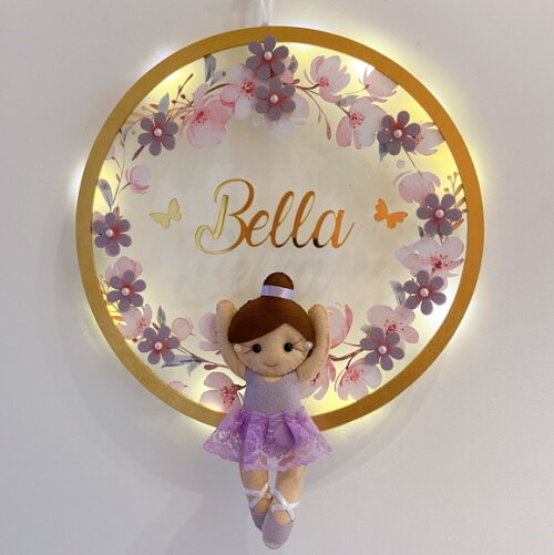 Porta Maternidade Bailarina Lilás Led Acrílico e Espelho