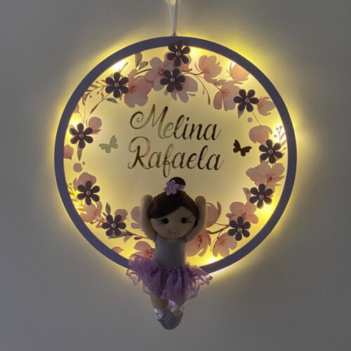 Porta Maternidade Bailarina Lilás Led Acrílico e Espelho