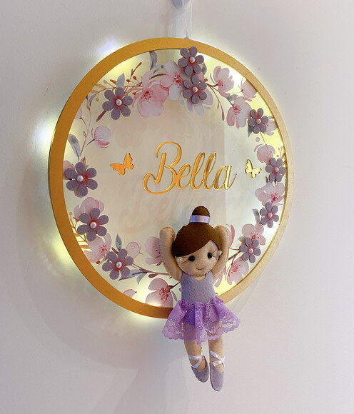 Porta Maternidade Bailarina Lilás Led Acrílico e Espelho