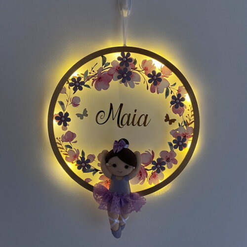Porta Maternidade Bailarina Lilás Led Acrílico e Espelho