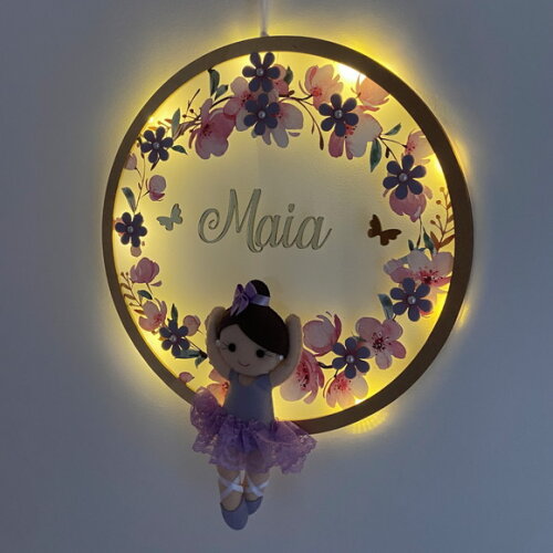 Porta Maternidade Bailarina Lilás Led Acrílico e Espelho