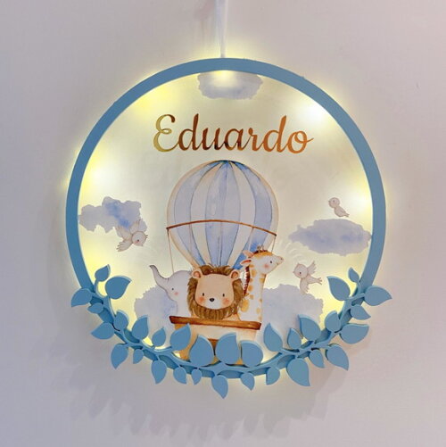Porta Maternidade Balão Safari Acrílico e Espelho Led