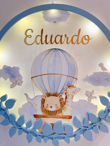 Porta Maternidade Balão Safari Acrílico e Espelho Led