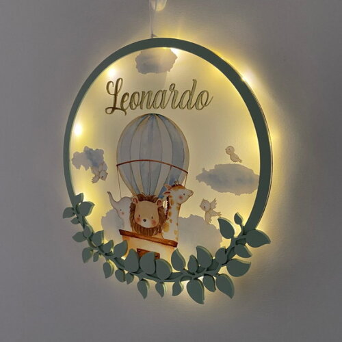 Porta Maternidade Balão Safari Acrílico e Espelho Led