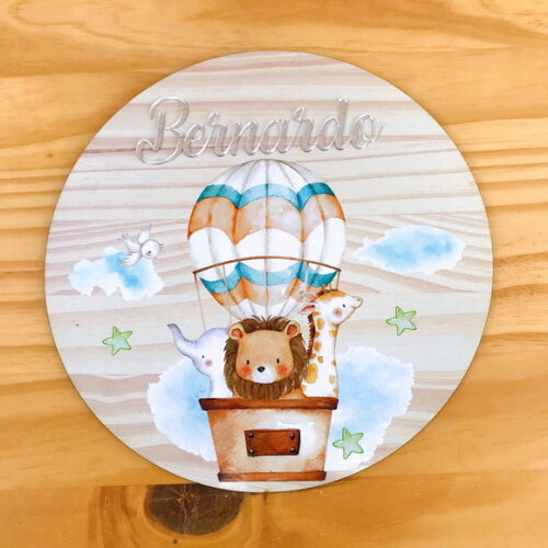 Porta Maternidade Balão Safari MDF Nome Espelho